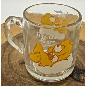 Vintage Care Bears Clear Glass FUNSHINE Bear Coffee Mug Pizza Hut Collectible